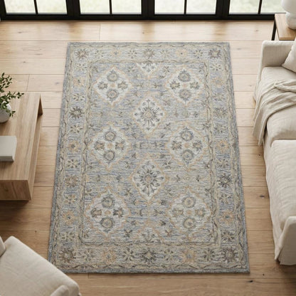Blue Wool Area Rug With Classic Pattern And Soft Touch For Living Room