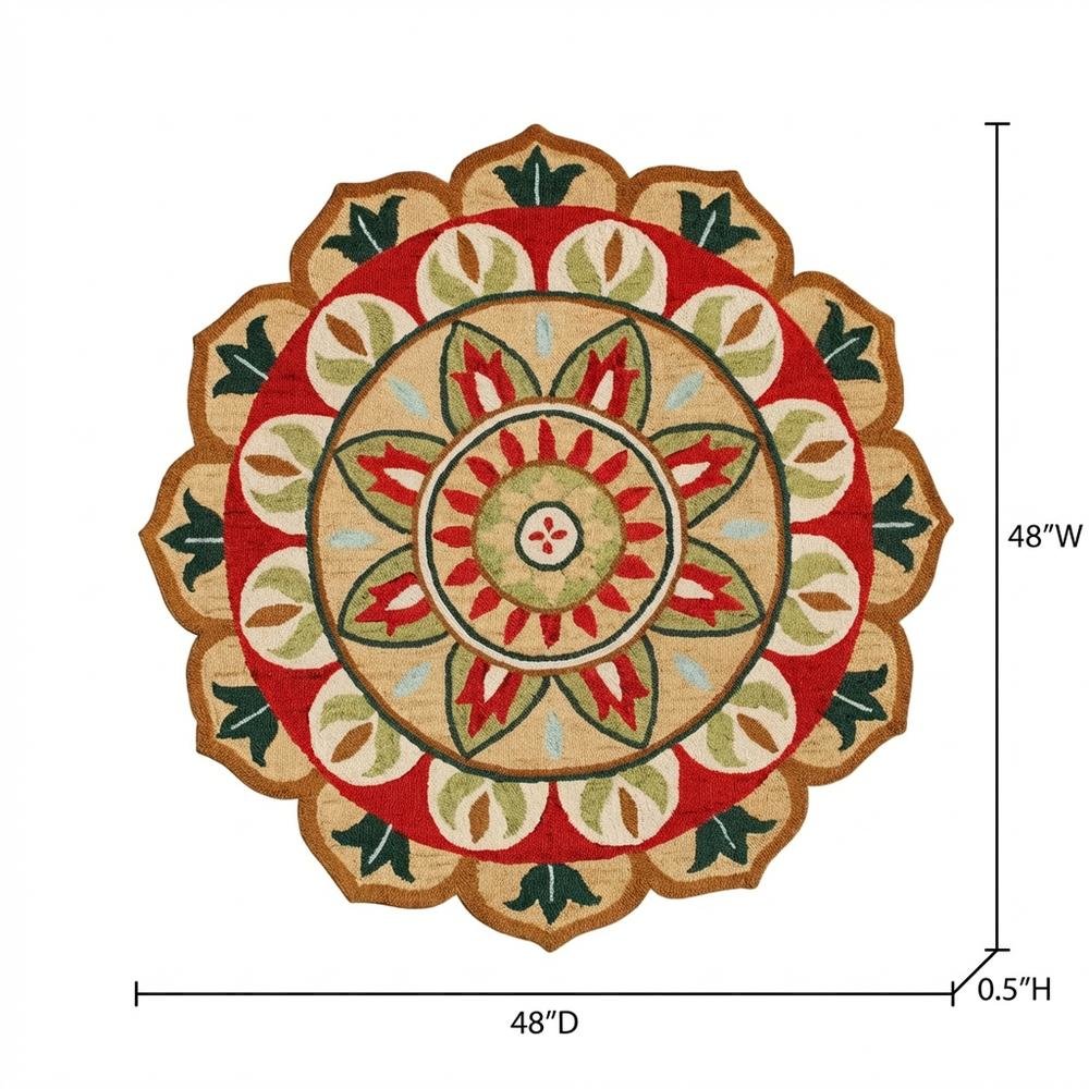 Bohemian Indoor Area Rug In Red And Green, Round Style, 4 Feet