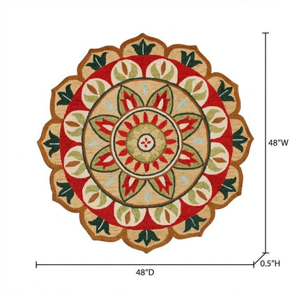 Bohemian Indoor Area Rug In Red And Green, Round Style, 4 Feet