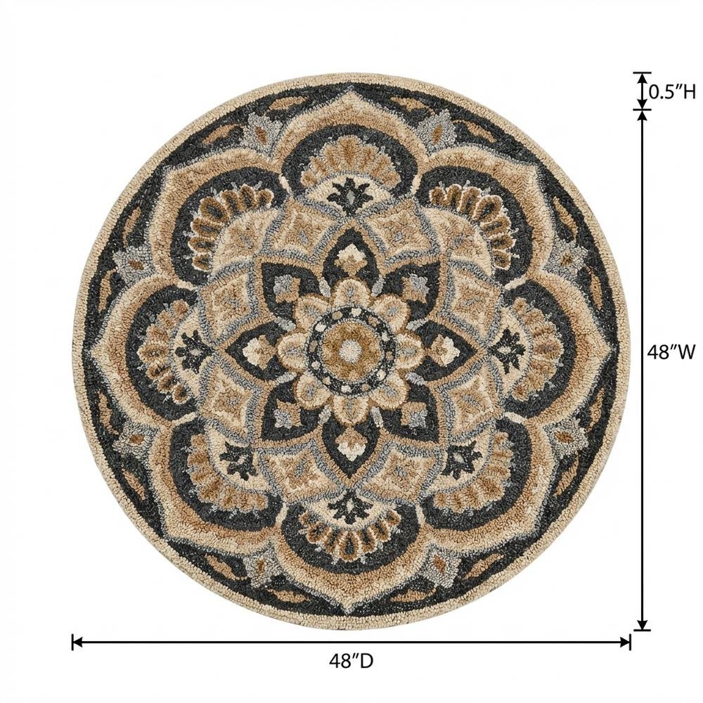 Round Indoor Area Rug With Black And Ivory Design, Classic Style For Living Room