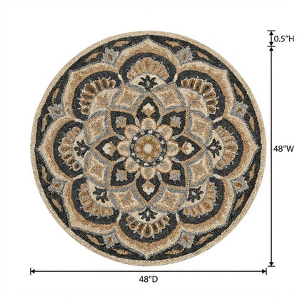 Round Indoor Area Rug With Black And Ivory Design, Classic Style For Living Room
