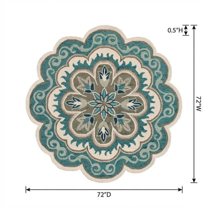 Blue Round Indoor Area Rug With Bohemian Style And Spot Clean Durability