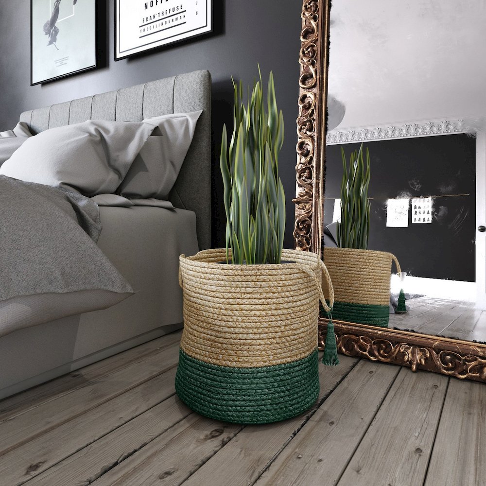 Baskets Jute Indoor Basket in Tan/Green, 19" x 19" x 19"
