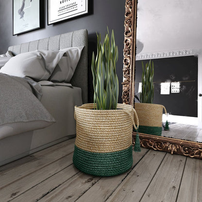 Baskets Jute Indoor Basket in Tan/Green, 19" x 19" x 19"