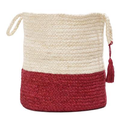 Baskets Jute Indoor Basket in White/Red, 19" x 19" x 19"