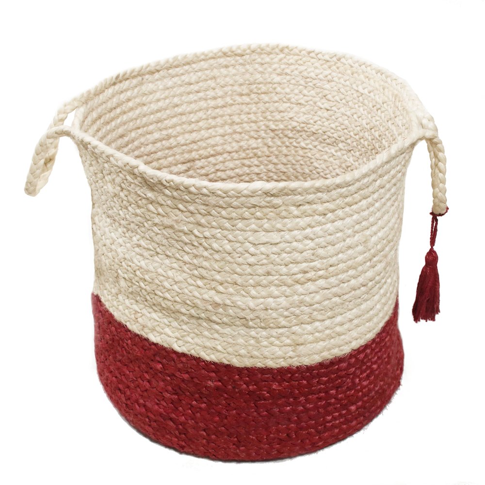 Baskets Jute Indoor Basket in White/Red, 19" x 19" x 19"