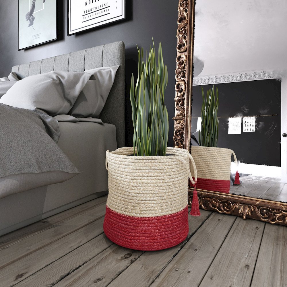Baskets Jute Indoor Basket in White/Red, 19" x 19" x 19"
