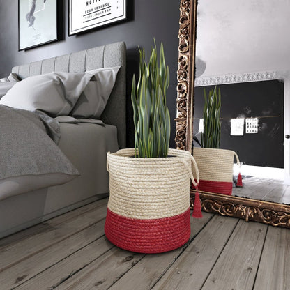 Baskets Jute Indoor Basket in White/Red, 19" x 19" x 19"