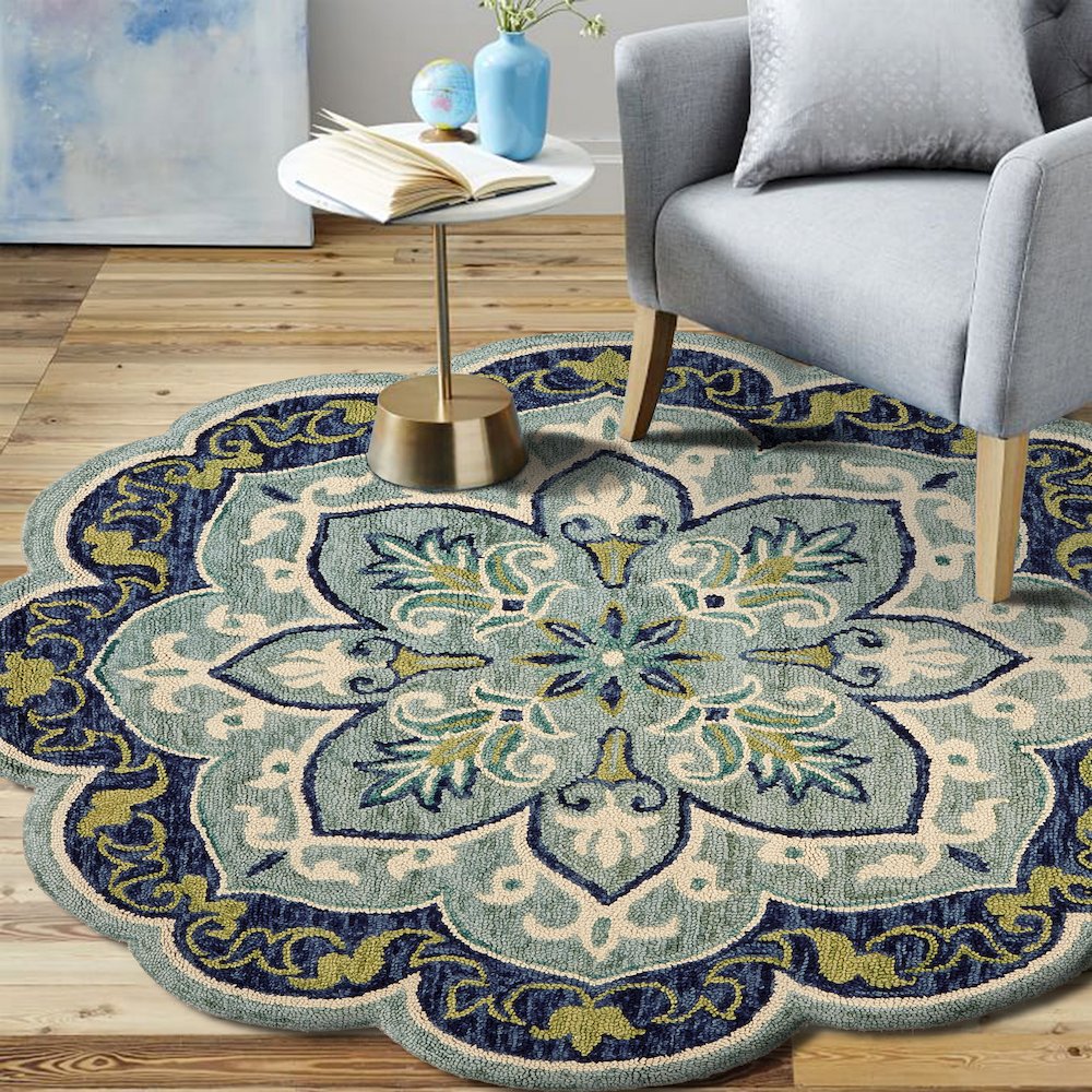 Dazzle Wool Area Rug Indoor in Blue/Green, 6' Round