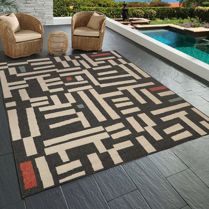 Mapa Durable Performance Area Rug Outdoor in Black/Ivory, 5' x 7'