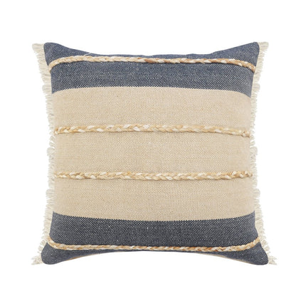 Atlantis Denim Blue and Taupe Throw Pillow with Jute Braiding and Fringe