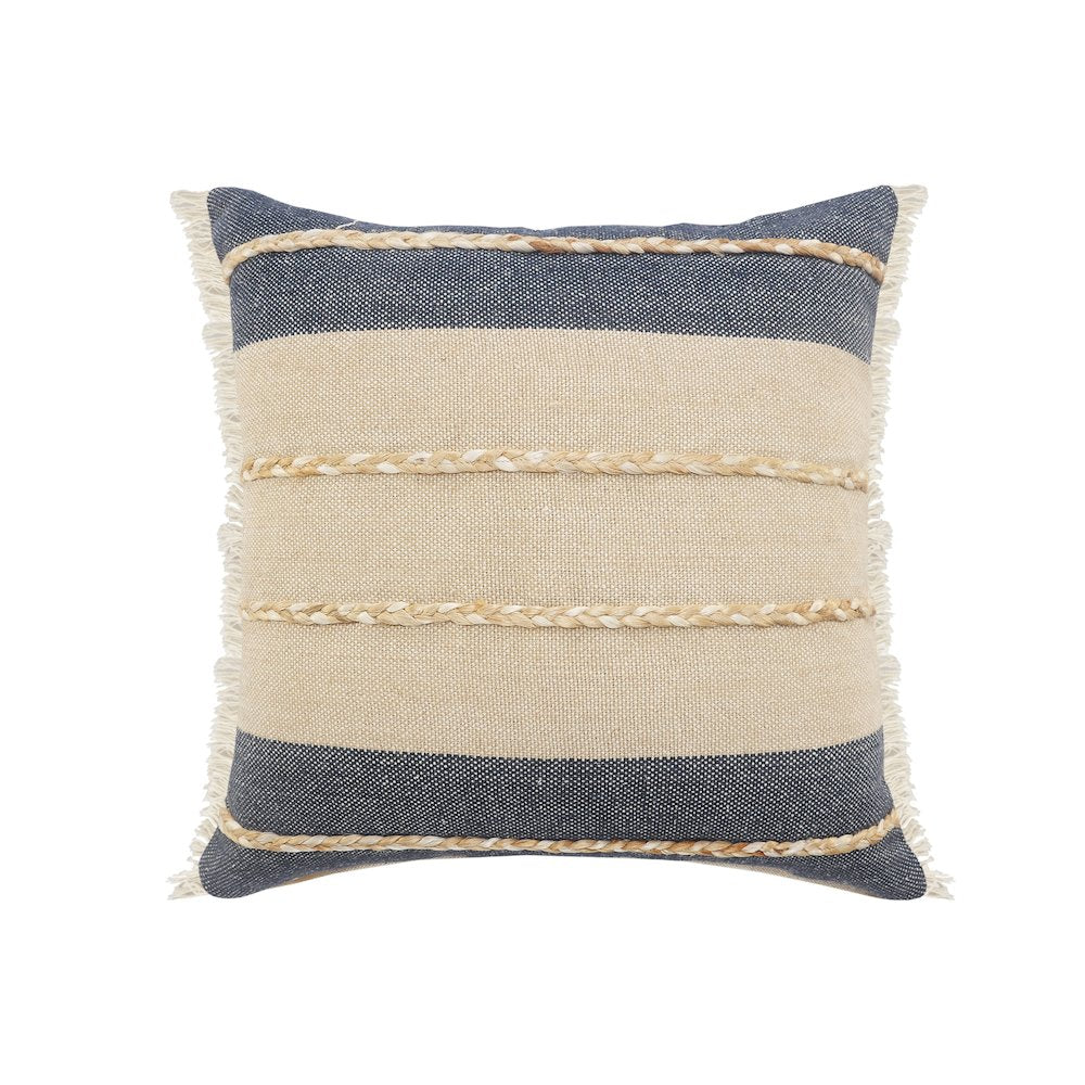 Atlantis Denim Blue and Taupe Throw Pillow with Jute Braiding and Fringe
