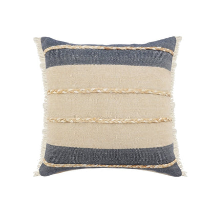 Atlantis Denim Blue and Taupe Throw Pillow with Jute Braiding and Fringe