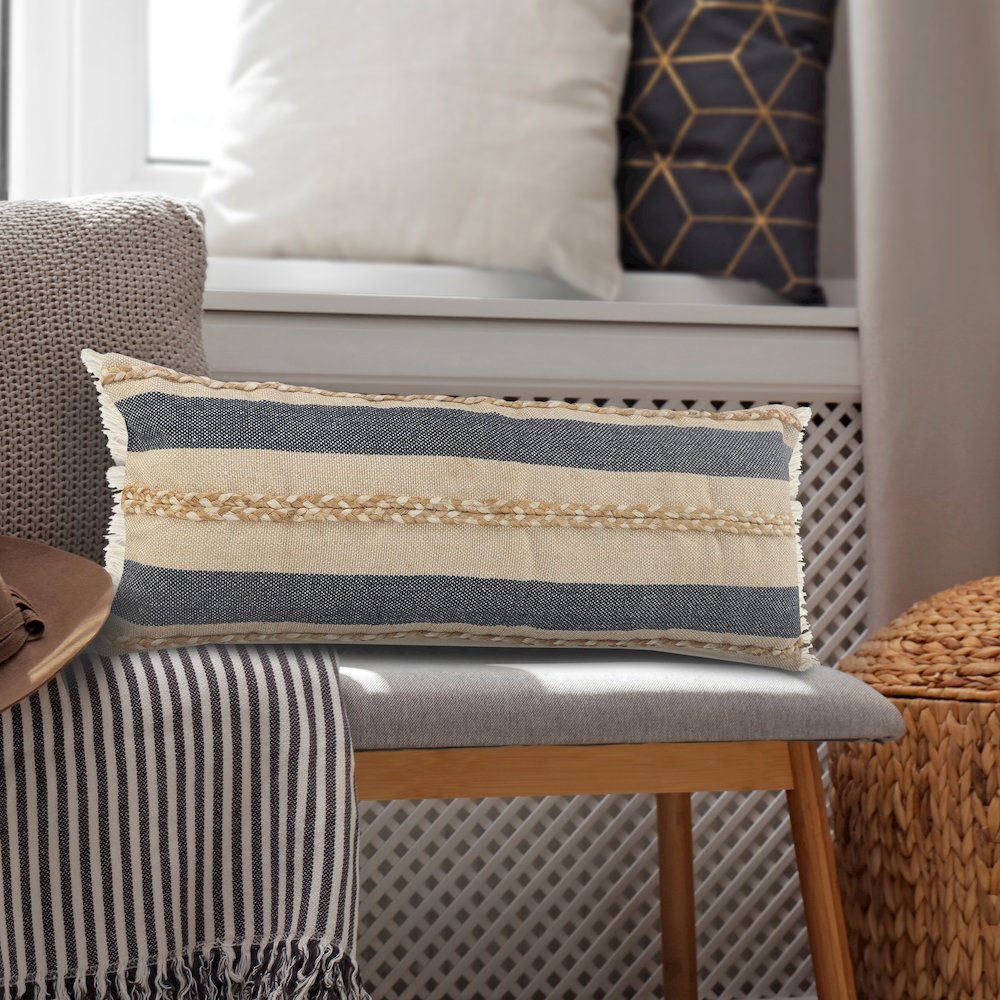 Atlantis Coastal Striped Lumbar Pillow with Jute Braiding and Fringe