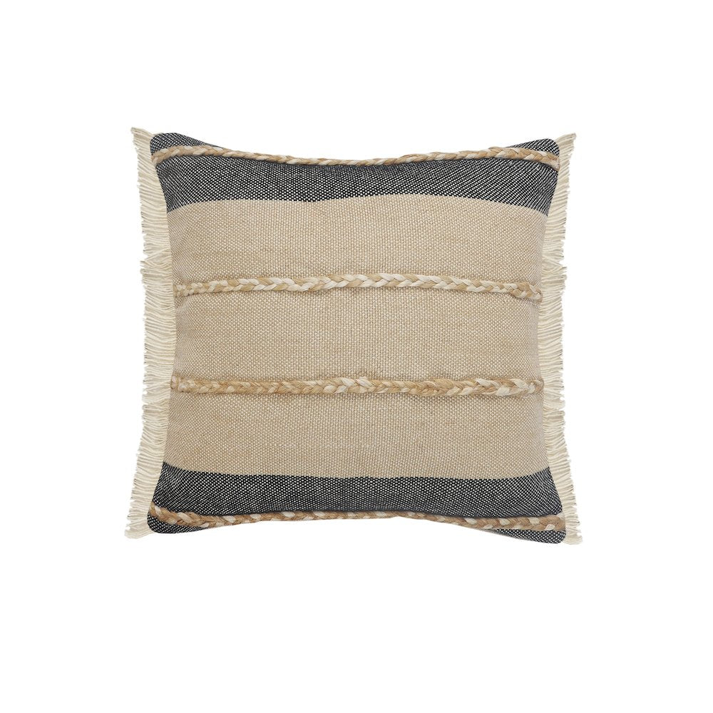 Atlantis Black and Taupe Throw Pillow with Jute Braiding and Fringe