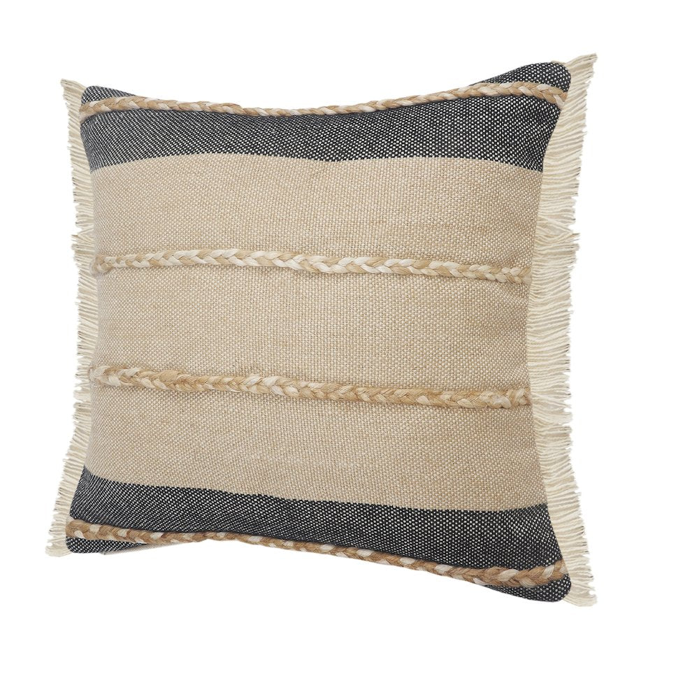Atlantis Black and Taupe Throw Pillow with Jute Braiding and Fringe