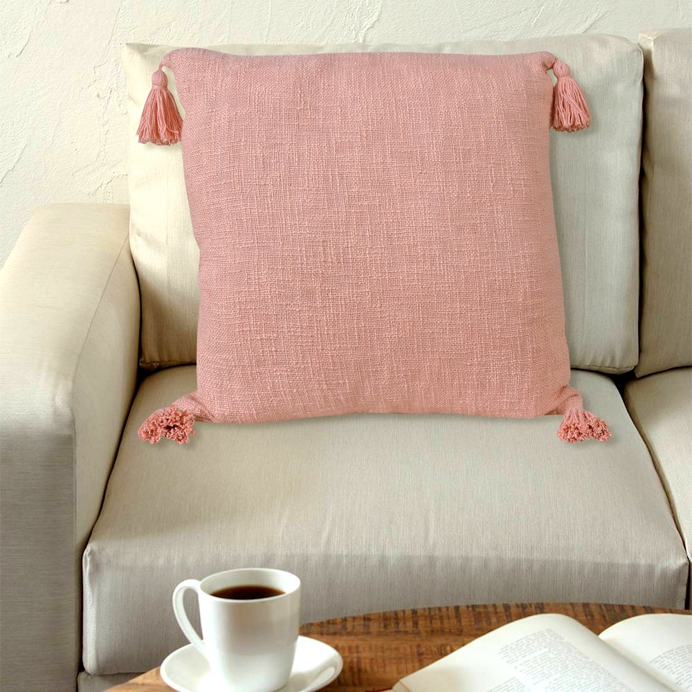 Unique Neutral Solid Cotton Throw Pillow with Tassels