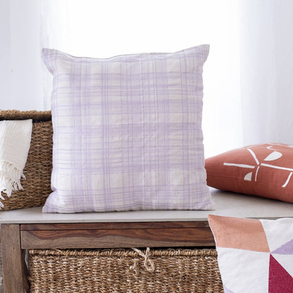 Ivory/Lilac Contemporary Checkered Hand-Woven Throw Pillow Cover