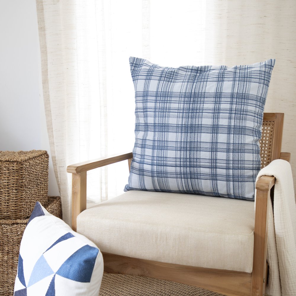 Blue Contemporary Checkered Hand-Woven Throw Pillow Cover