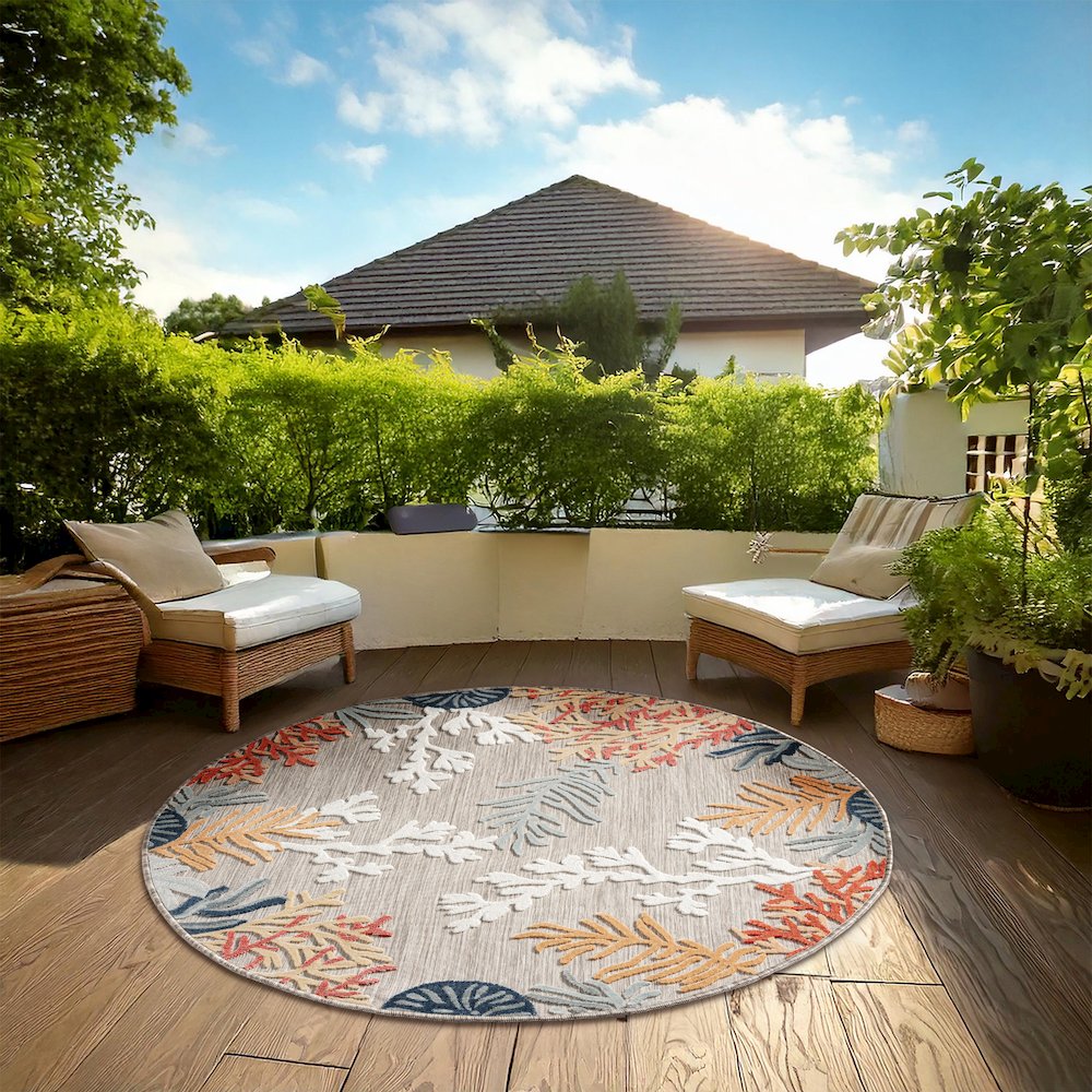 Coral Reef Hi-Low Coastal Gray Taupe Indoor Outdoor Area Rug