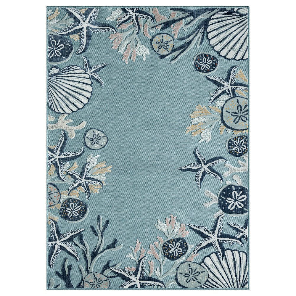 Aqua/Blue Coastal Floral/Botanical Performance Outdoor Area Rugs, 7'9" x 9'9"
