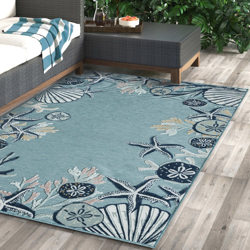 Aqua/Blue Coastal Floral/Botanical Performance Outdoor Area Rugs, 7'9" x 9'9"