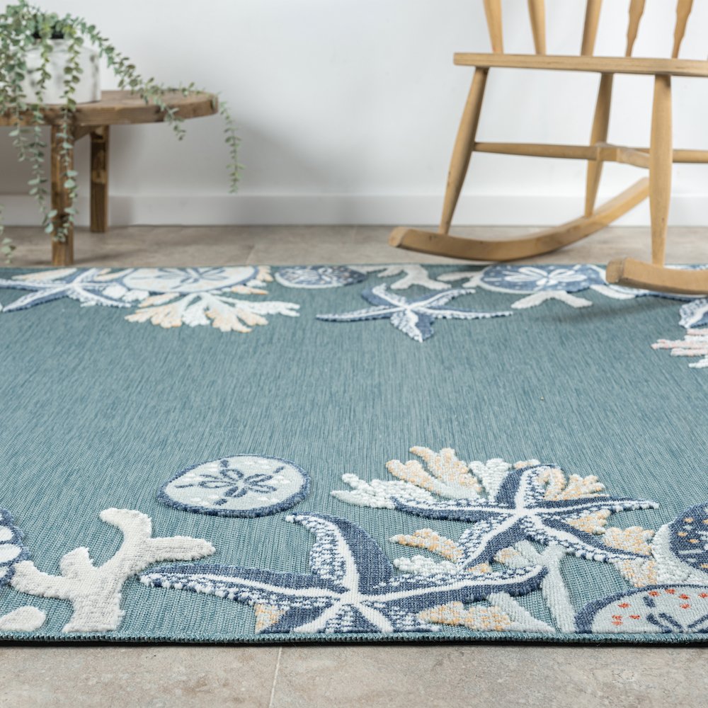 Aqua/Blue Coastal Floral/Botanical Performance Outdoor Area Rugs, 7'9" x 9'9"