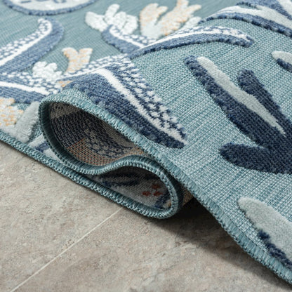 Aqua/Blue Coastal Floral/Botanical Performance Outdoor Area Rugs, 7'9" x 9'9"