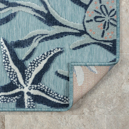 Aqua/Blue Coastal Floral/Botanical Performance Outdoor Area Rugs, 7'9" x 9'9"
