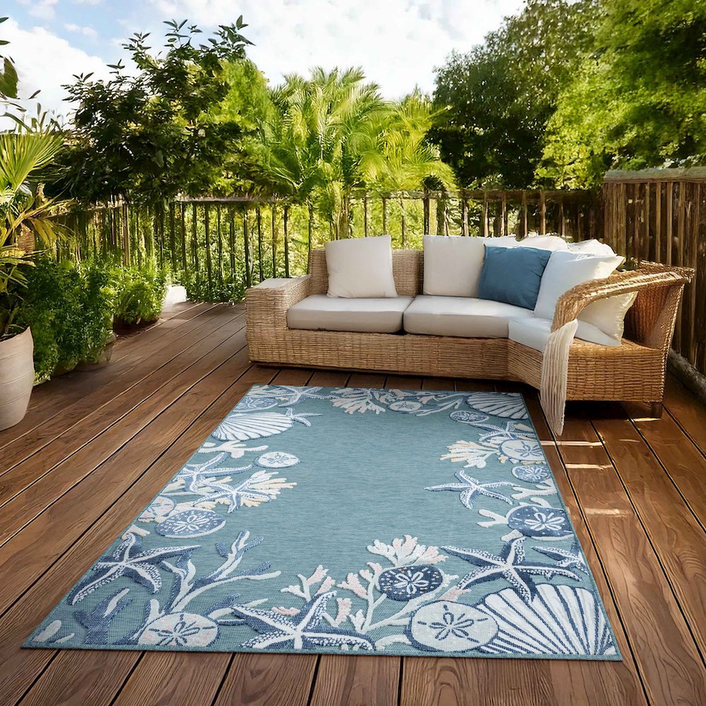 Aqua/Blue Coastal Floral/Botanical Performance Outdoor Area Rugs, 7'9" x 9'9"