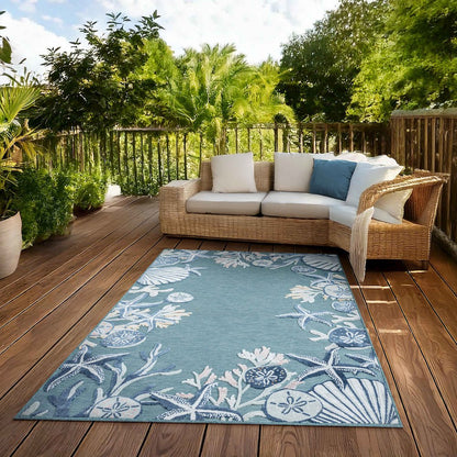 Aqua/Blue Coastal Floral/Botanical Performance Outdoor Area Rugs, 7'9" x 9'9"