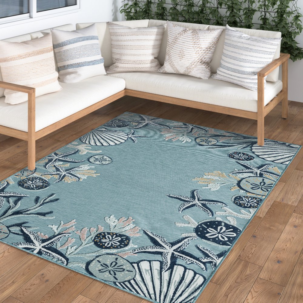 Aqua/Blue Coastal Floral/Botanical Performance Outdoor Area Rugs, 7'9" x 9'9"