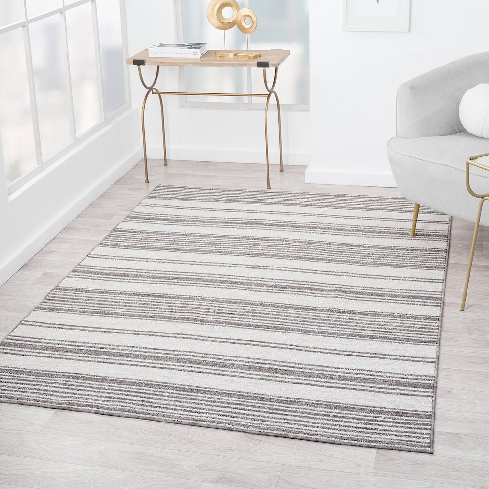 Westport Ivory/Gray Striped PET Yarn Indoor/Outdoor Area Rug