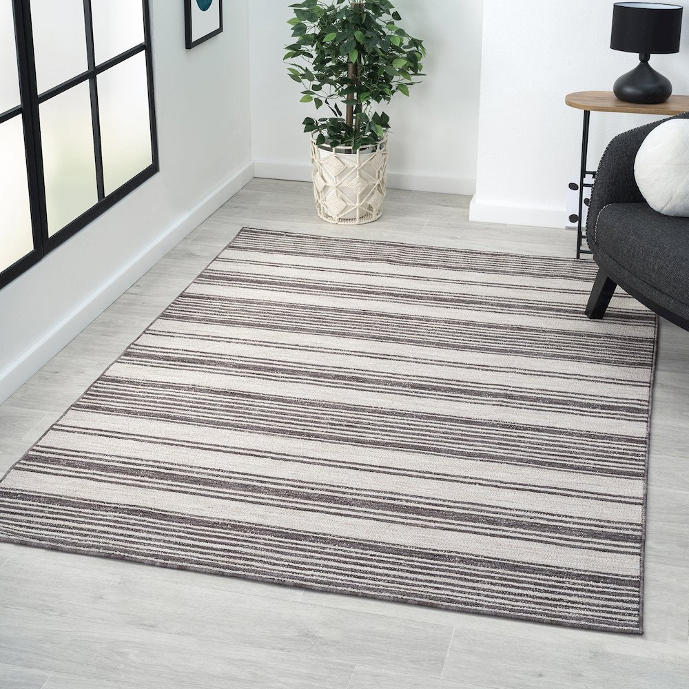 Westport Ivory/Gray Striped PET Yarn Indoor/Outdoor Area Rug