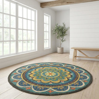 Bohemian Patterned Indoor Area Rug In Blue And Multicolored 4' Round