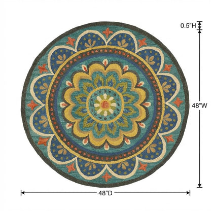 Bohemian Patterned Indoor Area Rug In Blue And Multicolored 4' Round