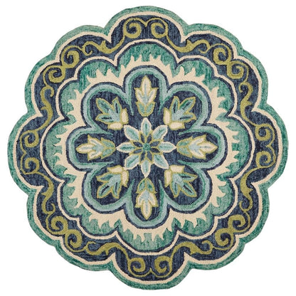 Bohemian Indoor Area Rug In Green And Blue, 5' Round, Casual Style