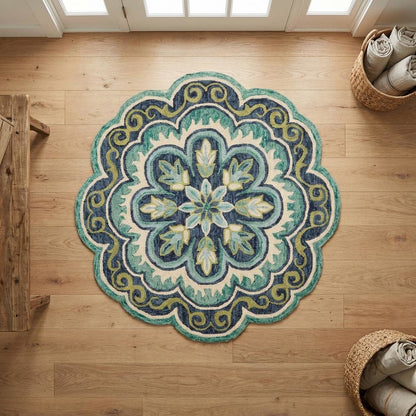 Bohemian Indoor Area Rug In Green And Blue, Round Design, Soft High-Pile