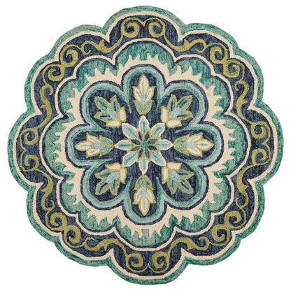 Bohemian Indoor Area Rug In Green And Blue, Round Design, Soft High-Pile