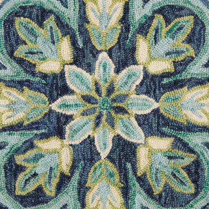 Bohemian Indoor Area Rug In Green And Blue, Round Design, Soft High-Pile