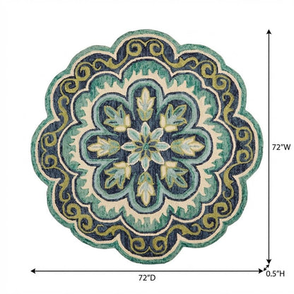 Bohemian Indoor Area Rug In Green And Blue, Round Design, Soft High-Pile
