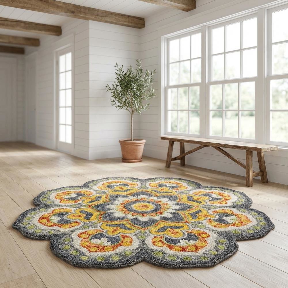 Gray And Yellow Indoor Area Rug With Classic Round Design
