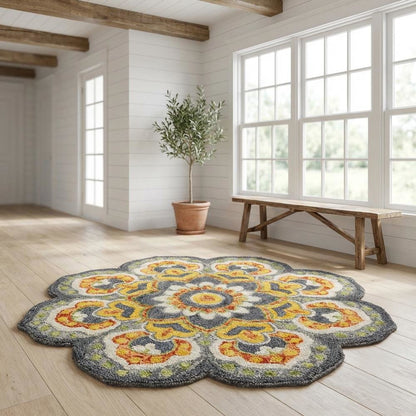 Gray And Yellow Indoor Area Rug With Classic Round Design