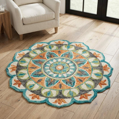 Bohemian Indoor Area Rug In Bright Orange And Blue, Round Design