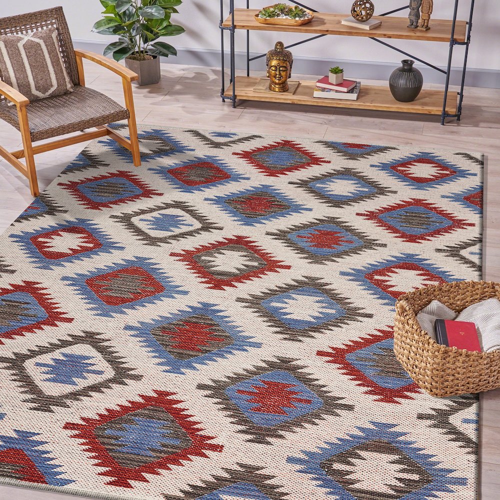 Tula Cotton Blend Area Rug Indoor in Red/Blue, 5' x 7'