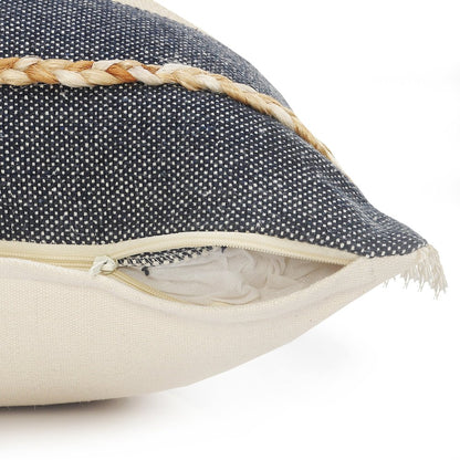 Atlantis Denim Blue and Taupe Throw Pillow with Jute Braiding and Fringe