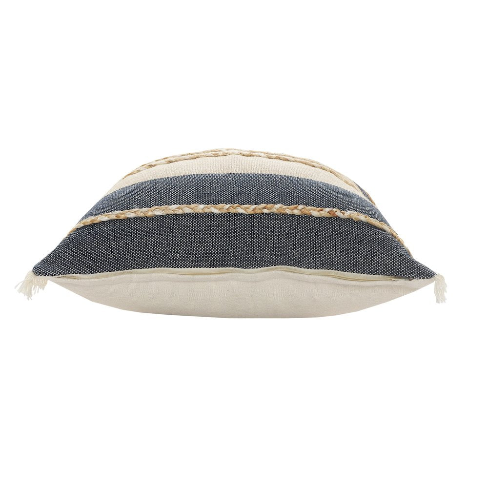 Atlantis Denim Blue and Taupe Throw Pillow with Jute Braiding and Fringe