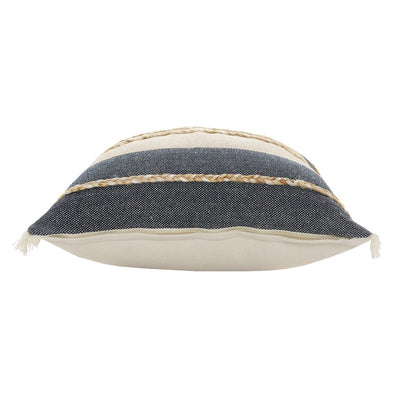 Atlantis Denim Blue and Taupe Throw Pillow with Jute Braiding and Fringe