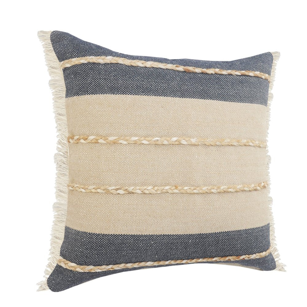 Atlantis Denim Blue and Taupe Throw Pillow with Jute Braiding and Fringe