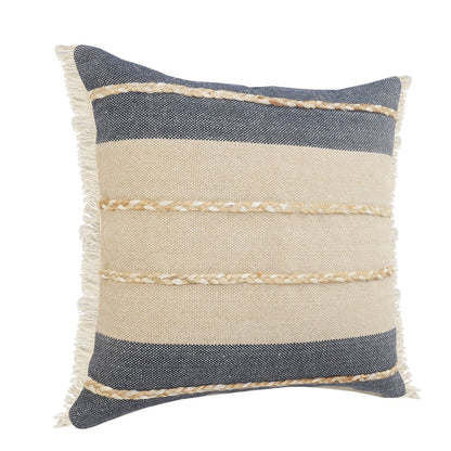 Atlantis Denim Blue and Taupe Throw Pillow with Jute Braiding and Fringe